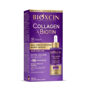 سرم حجم دهنده مو مناسب مرد و زن بیوکسین مدل collagen & biotin تقویت مو مخصوص موهای آسیب دیده بنفش حجم 100 میل اورجینال